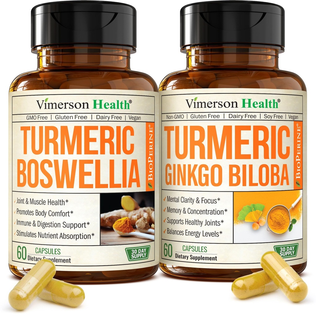 Boswellia Turmeric Curcumin Supplement + Turmeric Ginkgo Biloba Bundle – Natural Turmeric Supplement for Focus, Memory, Joint & Brain Health – with Ginger Root, Curcuma, Black pepper & Organic Tumeric