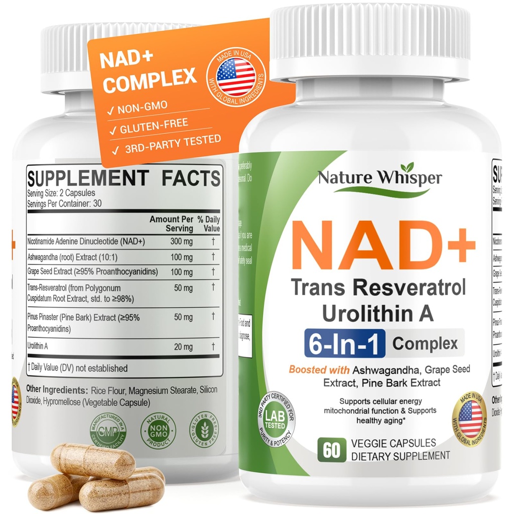 NAD+ Supplement 620mg | 6-in-1 Complex with Resveratrol, Ashwagandha & Urolithin A - Daily Energy Stack for Focus, Brain Fog & Healthy Aging - 60 Capsules