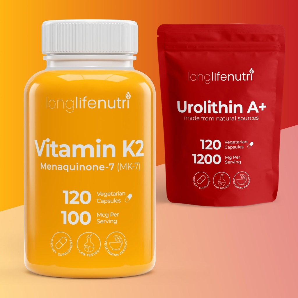 LongLifeNutri Vitamin K2 MK-7 100 mcg & Urolithin A+ 1000 mg Bundle – 120 Veg Capsules Each, Up to 4-Month Supply, Bone, Circulation & Longevity Support, Lab Tested, Made in USA