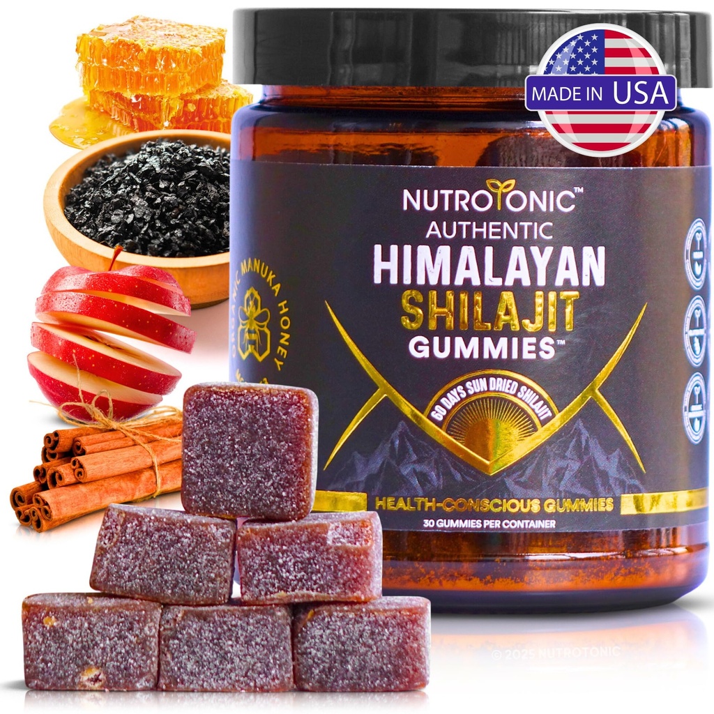 NutroTonic® Organic SHILAJIT Gummies | Apple Cinnamon Flavor | Shilajit for Men & Women | No Added Sugar, Sweetened by Manuka Honey | Clean Formula | Natual Source of Urolithin | 30 Gummies