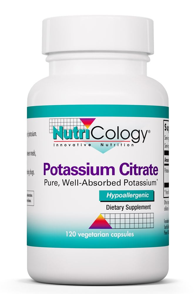 NutriCology Potassium Citrate - 99 mg Potassium Supplement Capsules - Electrolyte & Muscle Support - Highly Absorbable Mineral - Vegetarian & Hypoallergenic - 120 Servings - 120 Capsules