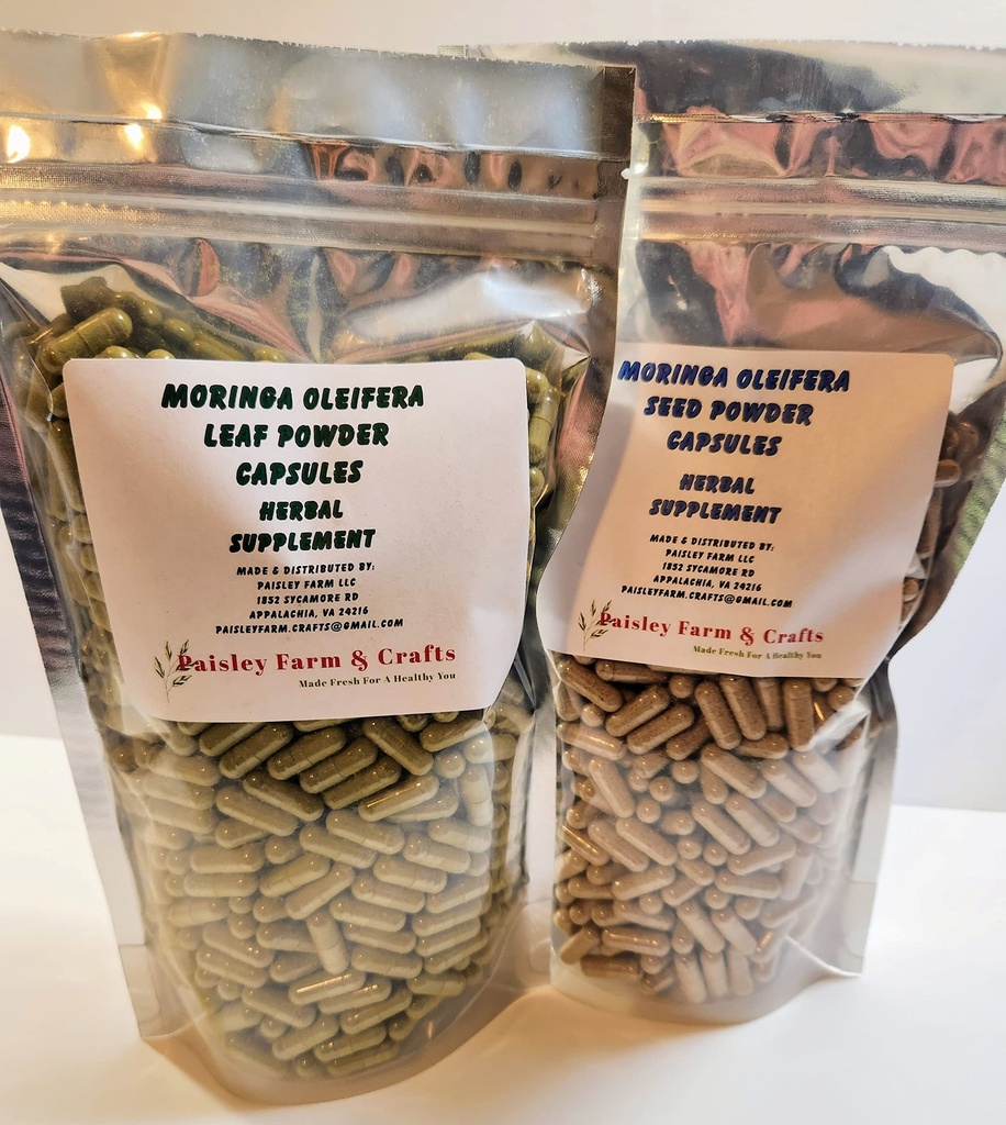 MORINGA LEAF POWDER CAPSULES & MORINGA SEED POWDER CAPSULES - Value Pack - Made Fresh On Demand! (600 Each)