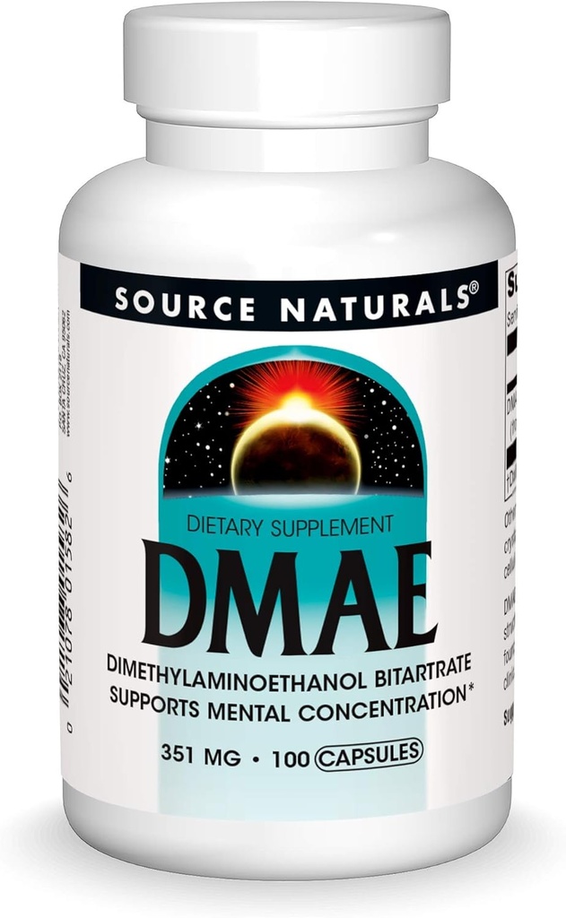 Source Naturals DMAE, Διμεθυλαμινοαιθανόλη Bitartrate - Υποστηρίζει τη διανοητική συγκέντρωση *, 351mg - 100 κάψουλες