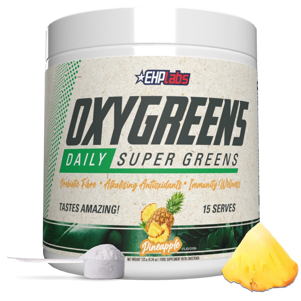 EHP Labs OxyGreens Super Greens Powder with Spirulina & Chlorella, Prebiotic Fiber, Probiotics & Digestive Enzymes – Antioxidant Green Superfood Supplement - 15 Serves (Pineapple)