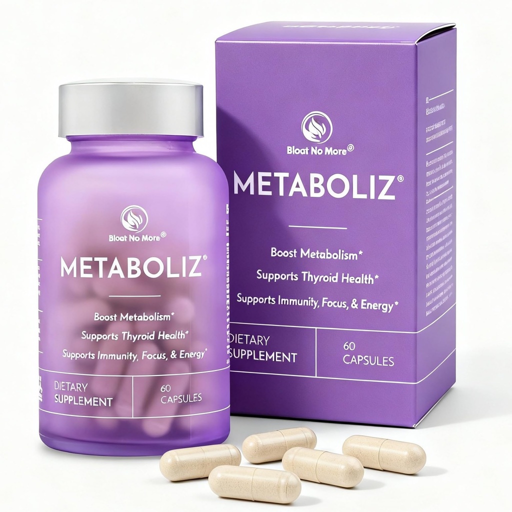 Bloat No More METABOLIZ – Metabolism Booster for Women, Thyroid Support Supplement with Selenium, Iodine, B12 & Zinc – Supports Energy, Focus, Immunity & Digestion, Gluten-Free. 60 Capsules