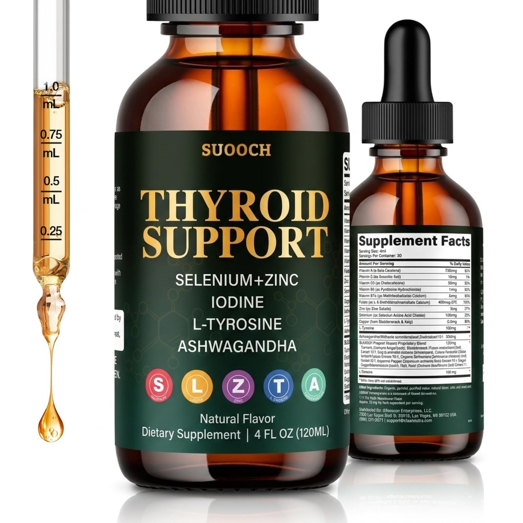 Thyroid Support for Women & Men - Thyroid Support Drops with Iodine, Selenium, Zinc, L-Tyrosine & Ashwagandha - Daily Thyroid, Metabolism & Energy Support - 4 fl oz (120mL)