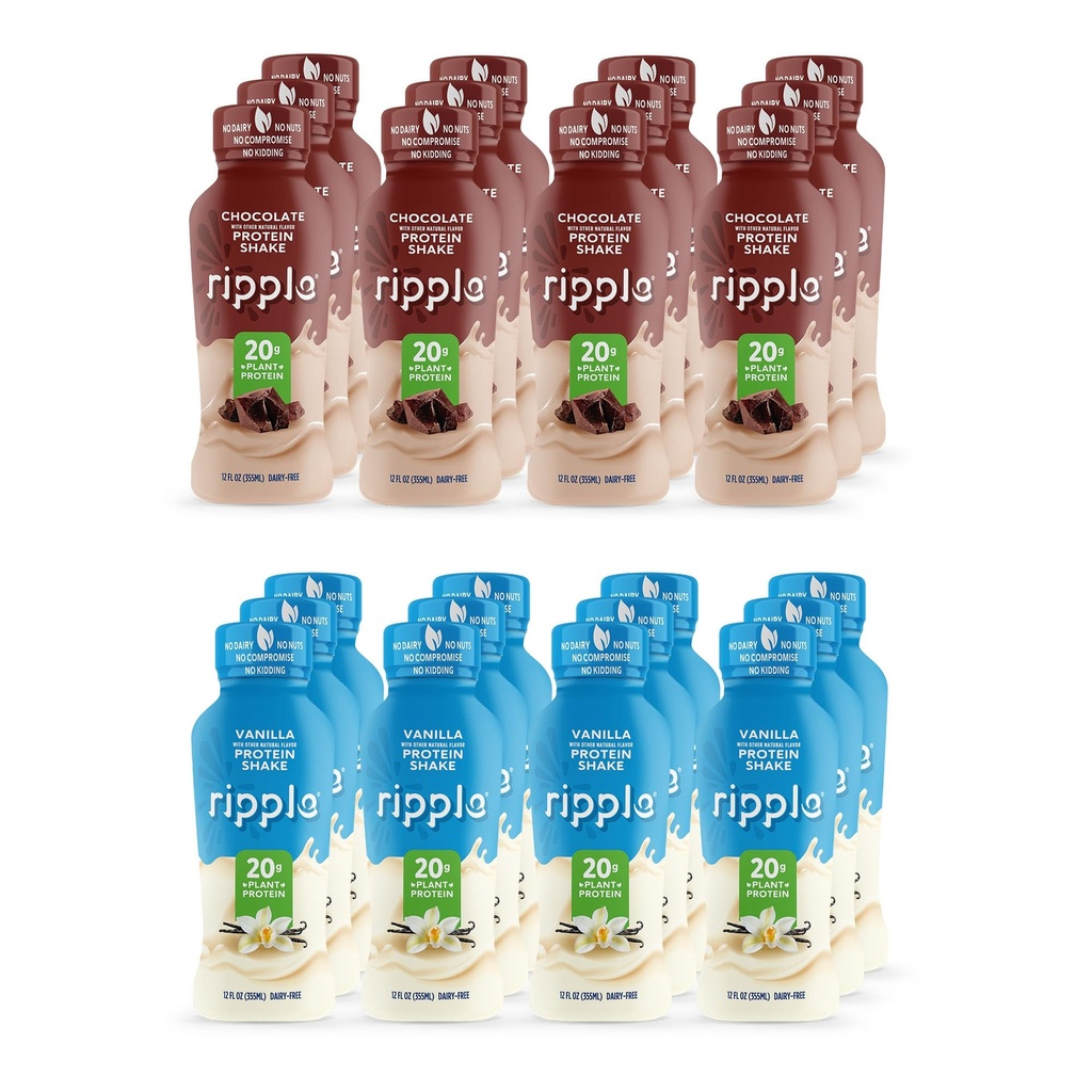 Ripple Vegan Protein Shake, Chocolate 12 Fl Oz (12 Pack) & Ripple Vegan Protein Shake, Vanilla (12 Pack) | 24 Pack