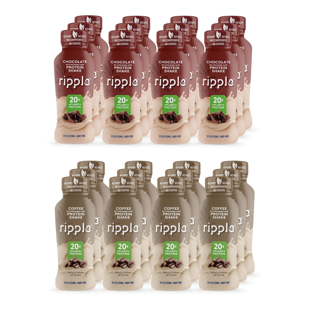 Ripple Vegan Protein Shake, Chocolate 12 Fl Oz (12 Pack) & Ripple Vegan Protein Shake, Coffee (12 Pack) | 24 Pack