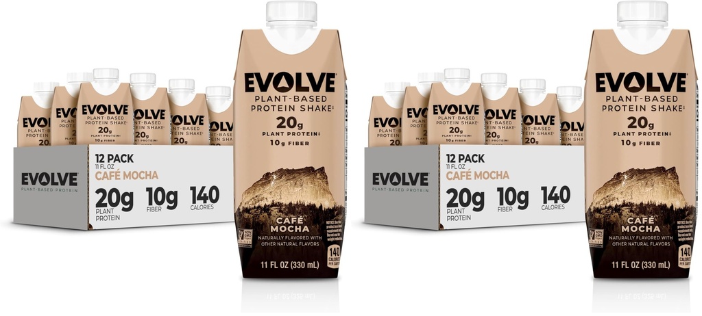 Evolve Plant Based Protein Shake, Café Mocha, 20g Vegan Protein, Dairy Free, No Artificial Sweeteners, Non-GMO, 10g Fiber, 11oz, (24 Pack) (Formula May Vary)