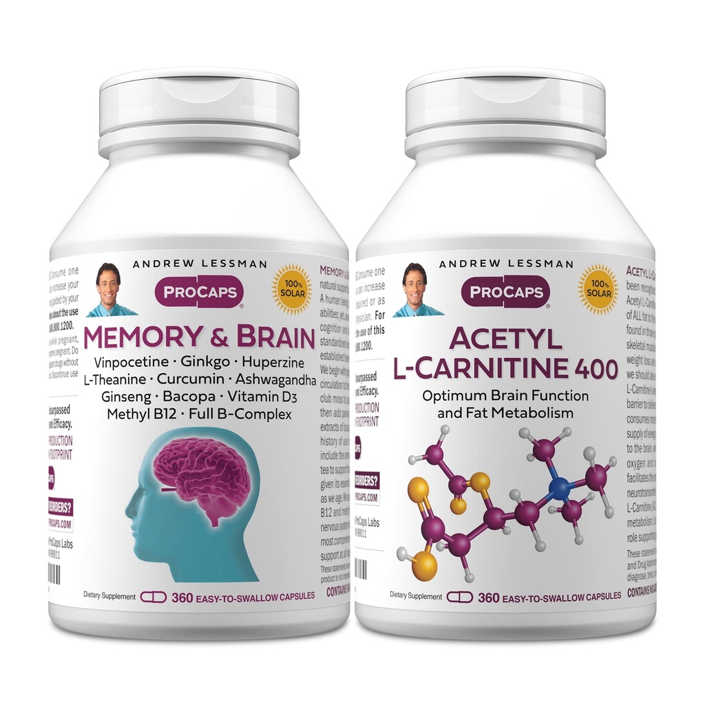 ANDREW LESSMAN Memory & Brain + Acetyl L-Carnitine Kit: 360 + 360 Capsules – Naturally Supports Brain, Memory and Mental Acuity. with Ginkgo Biloba, Bacopa, Curcumin, Ginseng, B-Complex, Vitamin D3