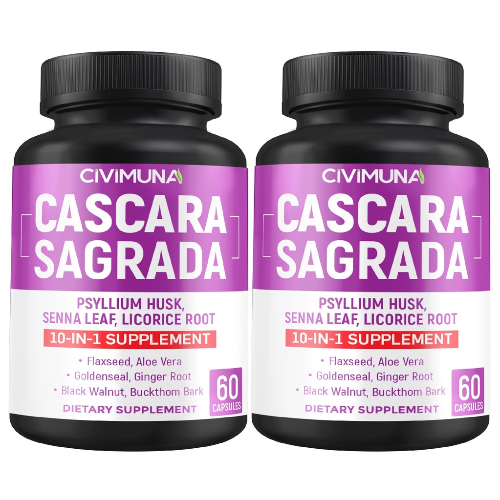 (2 Packs) Cascara Sagrada Bark Capsules - Cascara Sagrada Bark, Senna Leaf, Psyllium Husk Powder - 4 Months Supply