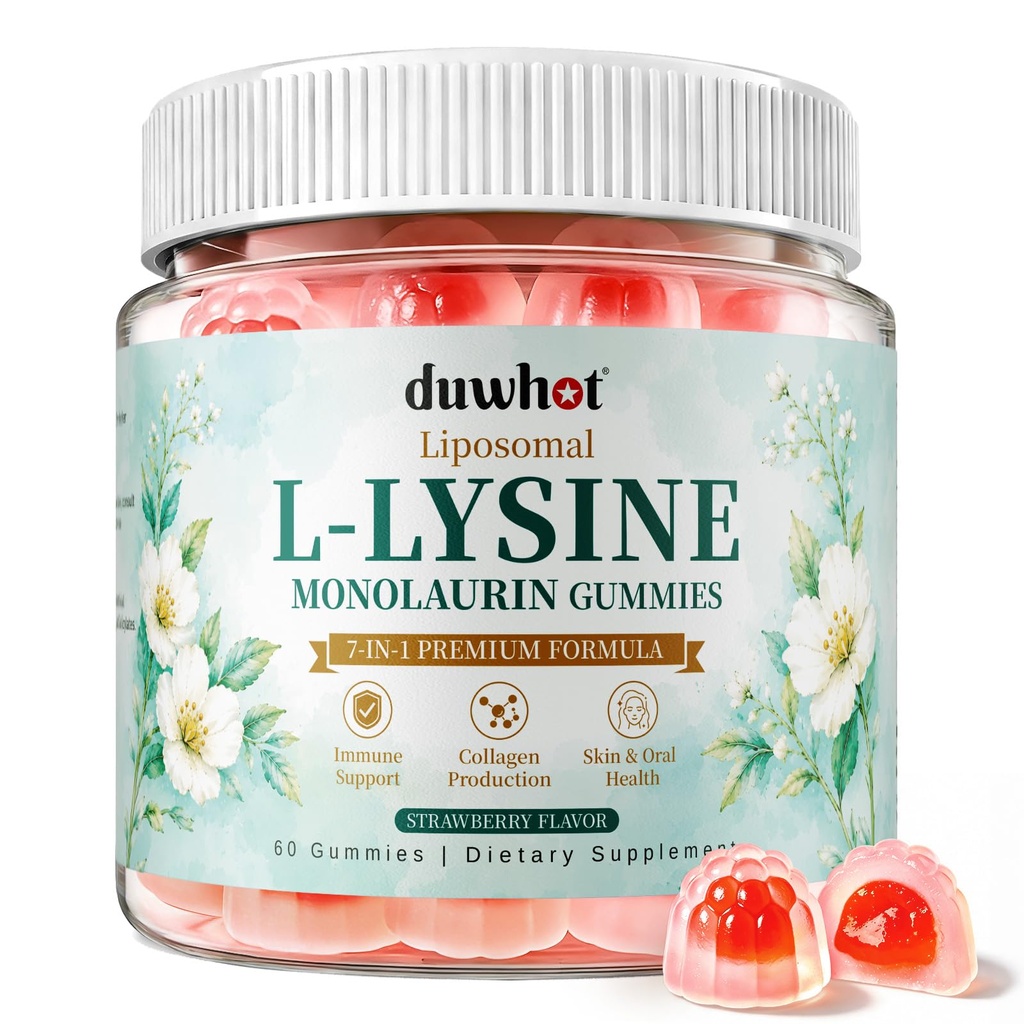 duwhot Liposomal Lysine Monolaurin Gummies, Lysine 1200mg with Monolaurin Supplement for Kids & Adults, Immune Support, Lip & Skin Health, Natural Strawberry Flavor, 60 Ct