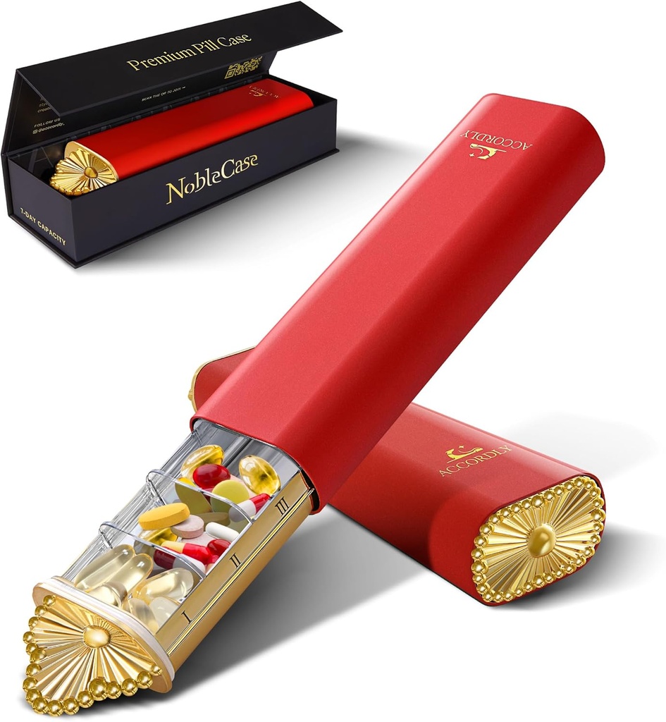 Premium Weekly Pill Organizer, 7-Day Compact Pill Case για την τσάντα, ελαφρύ χρυσό κουτί χαπιών αλουμινίου για βιταμίνες, ιατρική, συμπληρώματα, δώρο πολυτελείας