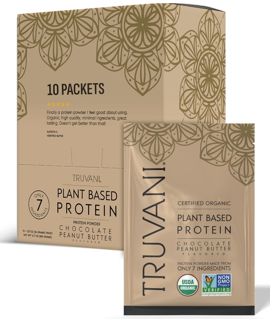 Truvani Organic Plant Based Protein Powder | Chocolate Peanut Butter | 10 Servings | Vegan | 20g Pea Protein | Single Serving Travel Packets | Keto | Gluten & Dairy Free | Low Carb