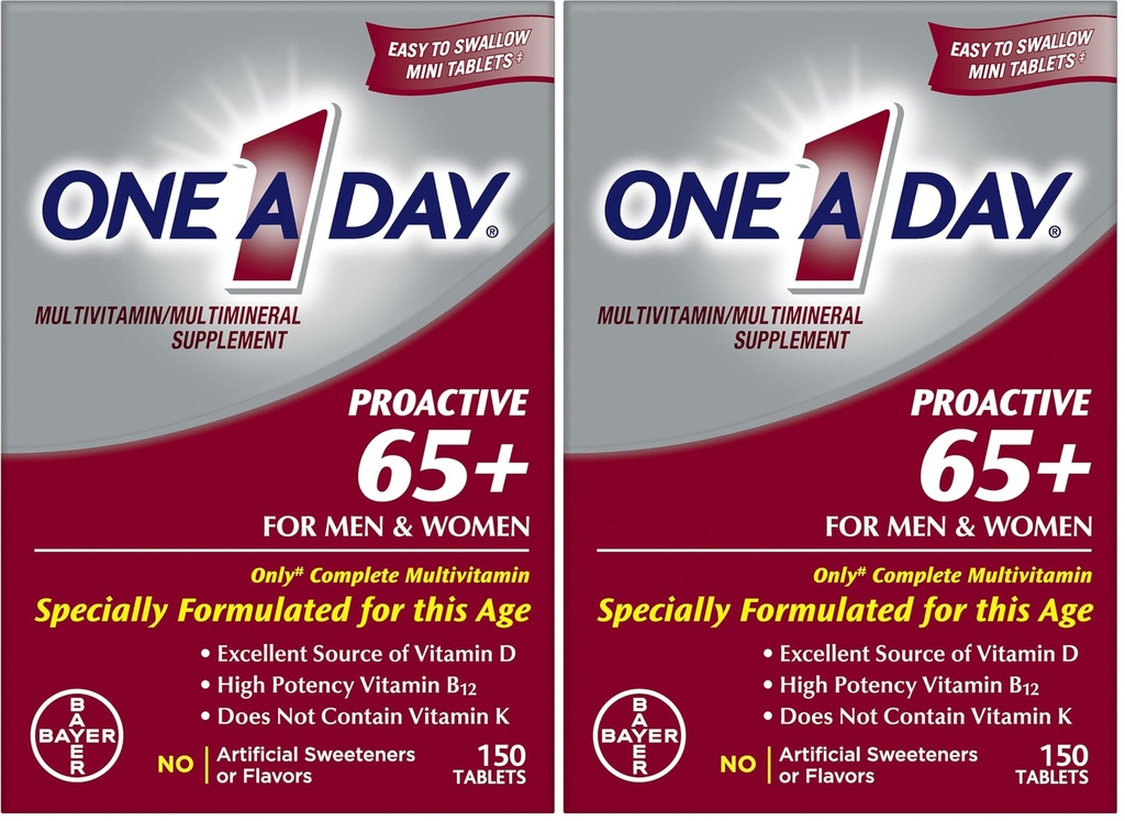 ONE A DAY Proactive 65+, Mens & Womens Multivitamin, Συμπλήρωμα με Βιταμίνη Α, Βιταμίνη C, Βιταμίνη D, και Ψευδάργυρο για την υποστήριξη της ανοσοποιητικής υγείας*, Ασβέστιο, Φολικό οξύ & Περισσότερα, Tablet 150 Count (Pack of 2)