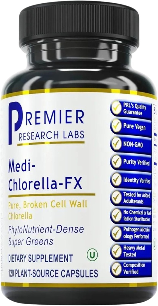 Premier Research Labs Medi Chlorella-FX - κάψουλες Chlorella, κάψουλες Chlorophyl, οργανικά χάπια για γυναίκες & άνδρες, συμπλήρωμα χλωροφύλλης - 120 κάψουλες χορτοφάγων