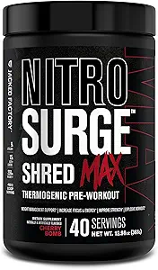 Jacked Factory Nitrosurge Shred Max Preworkout - Υψηλής απόδοσης Θερμογόνος Pre Workout σκόνη για άνδρες και γυναίκες με L Citrulline, Acetyl L Carnitine, Organic Caffeine - 40 εξυπηρετούν, Cherry Bomb