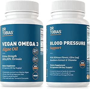 Dr. Tobias Vegan Omega 3 Algae Oil and Blood Pressure Support Supplement, υποστηρίζει τη φυσιολογική κυκλική υγεία, την ανοσολογική λειτουργία των ούρων και τη συνολική ευεξία, μη ΓΤΟ