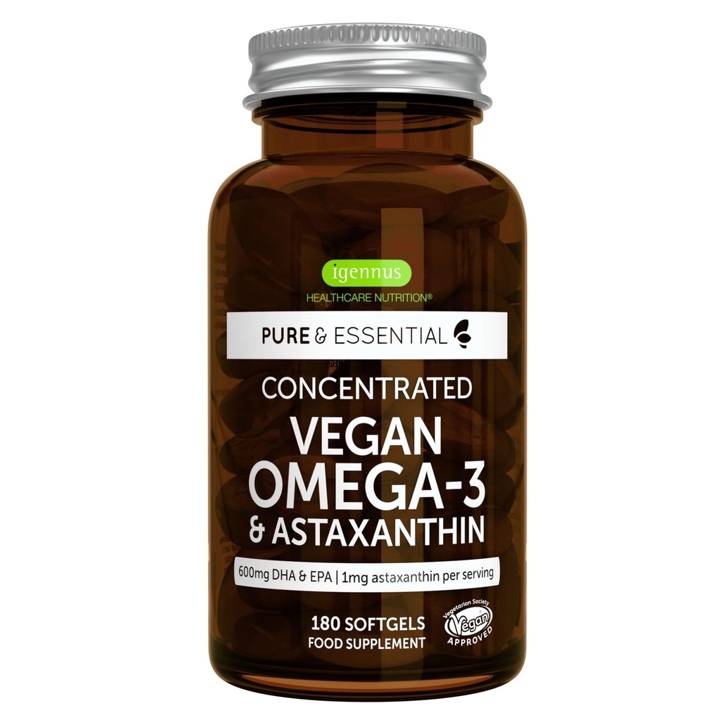 Igennus Vegan Omega-3 Φυσικό Τριγλυκερίδιο, DHA & EPA συμπλήρωμα λιπαρών οξέων, 180 μικρά Softgels με Ασταξανθίνη, Easy-to-Swallow, Καθαρή & Βιώσιμη, 90 υπηρεσίες