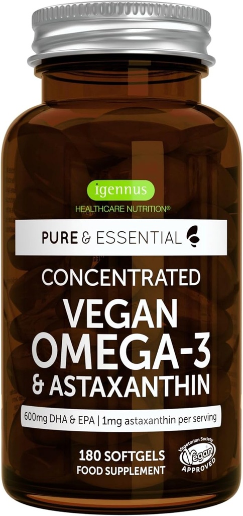 Igennus Vegan Omega-3 Natural Triglyceride Algae Oil, DHA & EPA Fatty Acid Supplement, 180 Small Softgels with Astaxanthin, Easy-to-Swallow, Pure & Sustainable, 90 Servings