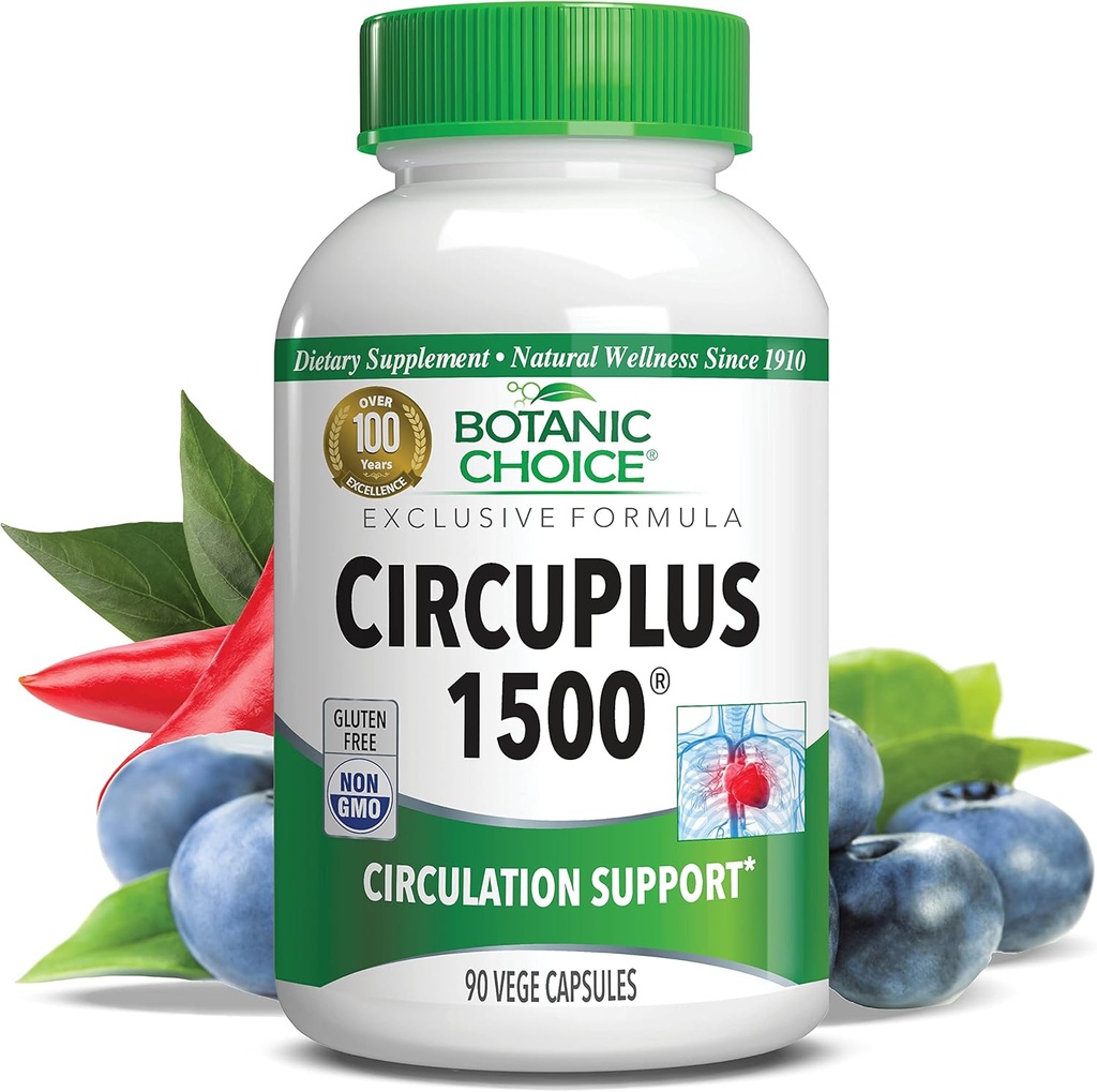 Botanic Choice CircuPlus 1500 - Heart Health & Circulation and Vein Support Supplement - Βιταμίνη Β1, Cayenne Pepper, Hawthorn, Ginkgo Biloba για ενήλικες άνδρες και γυναίκες (90 κάψουλες)