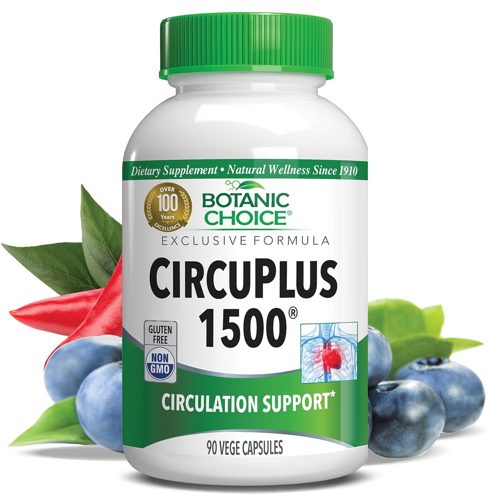 Botanic Choice CircuPlus 1500 - Heart Health & Circulation and Vein Support Supplement - Βιταμίνη Β1, Cayenne Pepper, Hawthorn, Ginkgo Biloba για ενήλικες άνδρες και γυναίκες (90 κάψουλες)