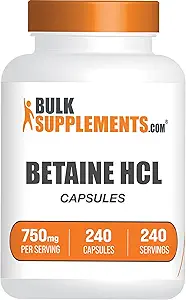 BulkSupplements.com Betaine HCl Capsules - Betaine Hydrochloride Supplement for Digestive Support, Betaine HCl 750mg - Gluten Free, 1 Capsule per Serving, 240 Capsules (Pack of 1)