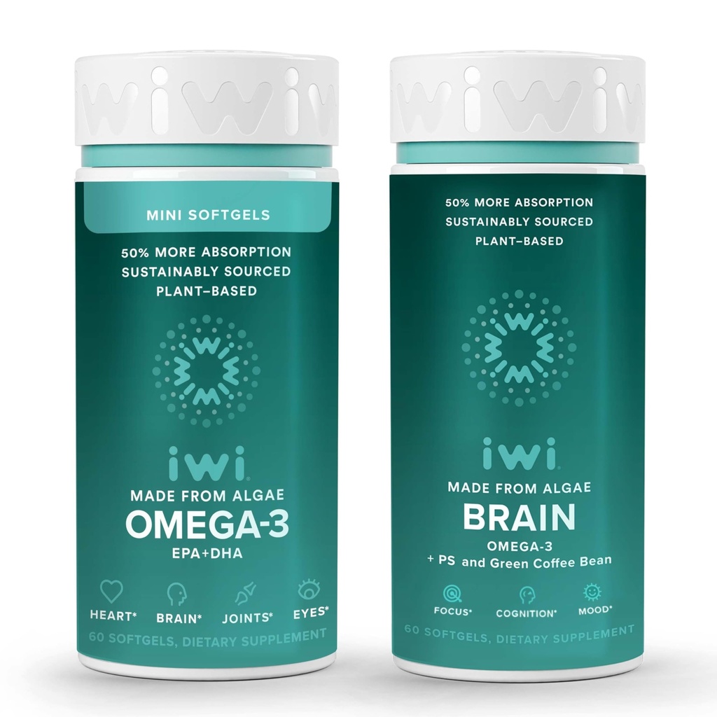 Iwi Omega-3 Minis & Brain Omega-3 Bundle, 30 Servings, Vegan Plant-based Algae Omega 3 with EPA + DHA, Krill & Fish Oil Alternative, No Fishy Affect