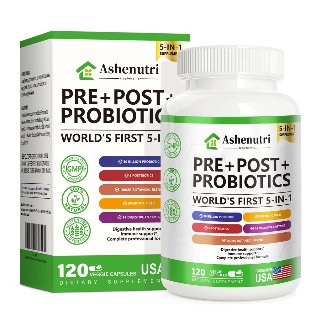 Ashenutri Probiotic Prebiotic Postbiotic for Women & Men, 30 Billion CFU 24 Strains w/Digestive Enzymes, Prebiotic Fiber & Slippery Elm – Complete Daily Immune & Gut Support, 120-Day Supply