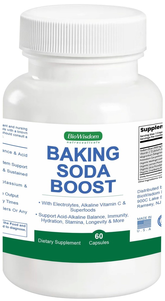 Baking Soda Boost Capsules for Alkalinity & Immunity – Organic Use Sodium Bicarbonate Aluminum Free Powder to pH Balance, Boost Alkalinity Non-Acid VIT C 60 Count
