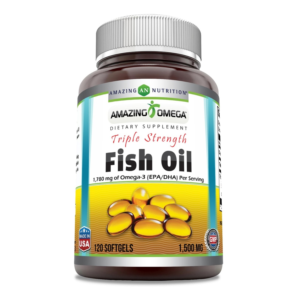 Amazing Omega Triple Strength Fish Oil Supplement | 1500 Mg Per Serving |120 Softgels | Non-GMO | Gluten Free | Made in USA
