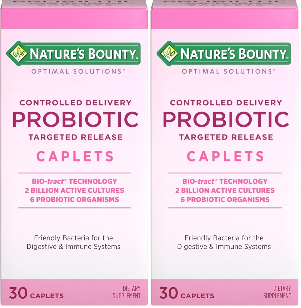 Nature's Bounty Probiotic, Controlled Delivery Dietary Supplement, Supports Digestive, Intestinal and Immune Health, 30 Caplets, 30 Total Servings (Pack of 2)