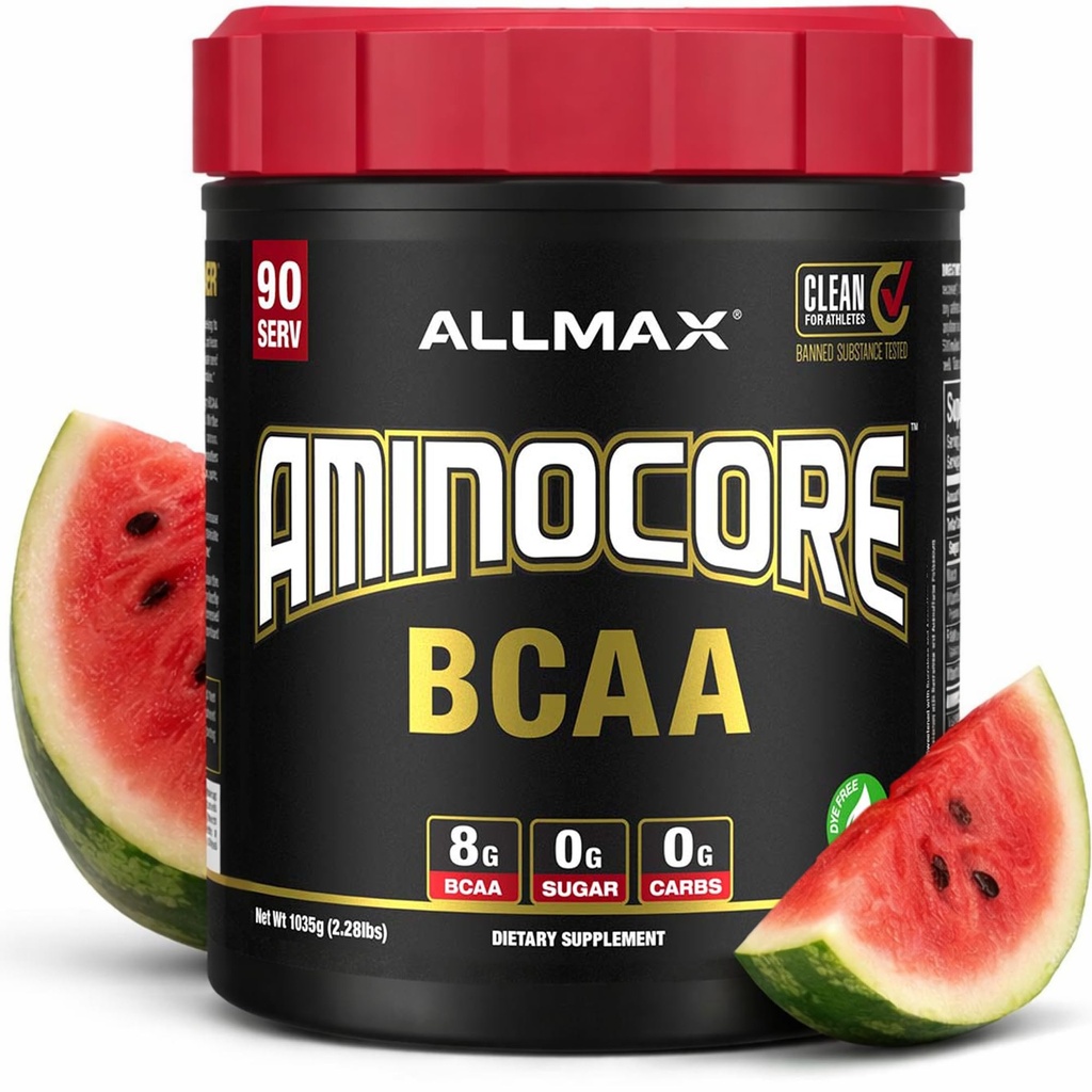 ALLMAX Διατροφή AMINOCORE BCAA Σκόνη, 8,18 γραμμάρια αμινοξέων, Ενδο- και μετά την αποκατάσταση προπόνησης Ποτό, χωρίς γλουτένη, Καρπούζι, 945 g