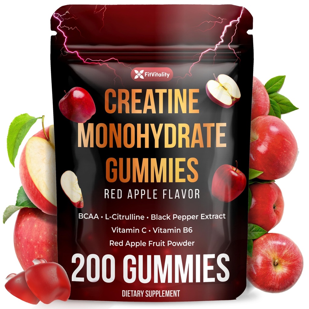 200 Creatine Monhydrate Gummies. W/ Vitamin C & B6, Black Pepper, Red Apple | Vegan, Non-GMO, Sugar-Free,