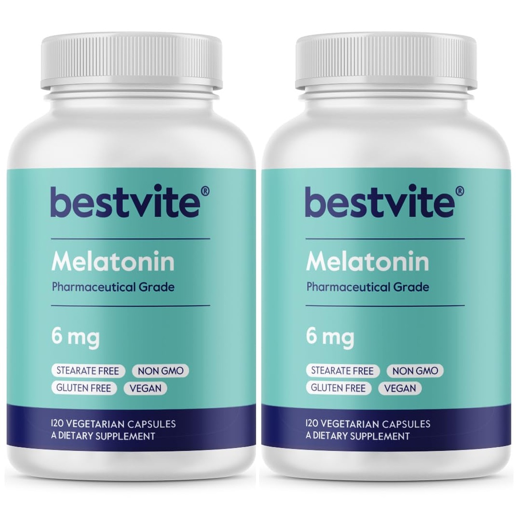BESTVITE Μελατονίνη 6mg (240 κάψουλες χορτοφάγων) (120 x 2) - Χωρίς Stearates - Vegan - Μη ΓΤΟ - Χωρίς γλουτένη
