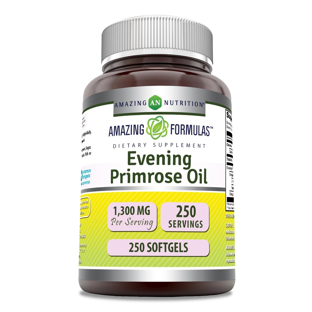 Amazing Formulas Evening Primrose Oil 1300mg, 10% GLA, Softgels Supplement | Hexane Free Cold Pressed Oil | Non-GMO | Gluten Free (250 Count)