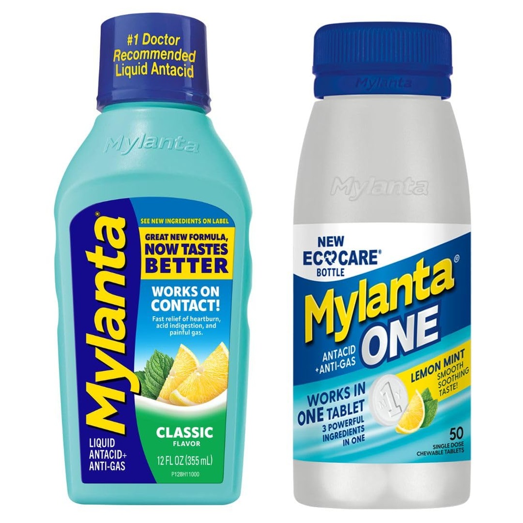 Mylanta Heartburn and Gas Relief, Liquid Antacid, Classic Flavor One, Lemon Mint Flavor, 50 Count Bundle