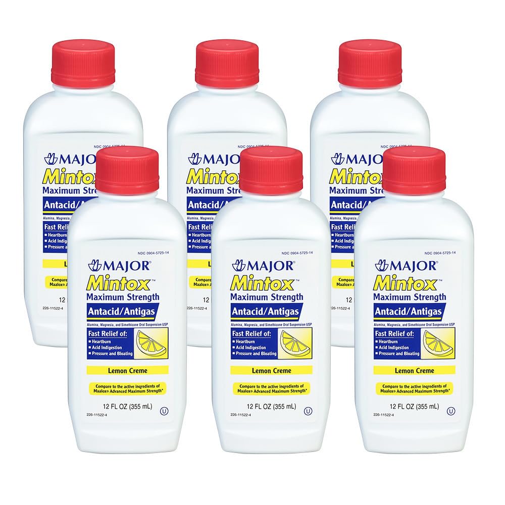MAJOR Mintox Maximum Strength Antacid/Antigas for Fast Relief of Heartburn, Acid Indigestion, Pressure, Bloating - Lemon Creme - 12 Fl Oz (355 mL) (6 Pack)