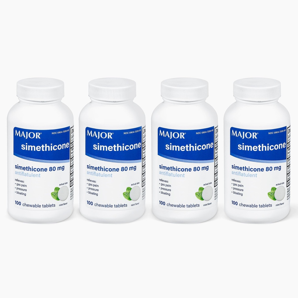 MAJOR Simethicone Gas Relief 80 mg - Anti Flatulence, Bloating and Gas Pressure Aid - 100 Chewable Tablets (4 Pack)