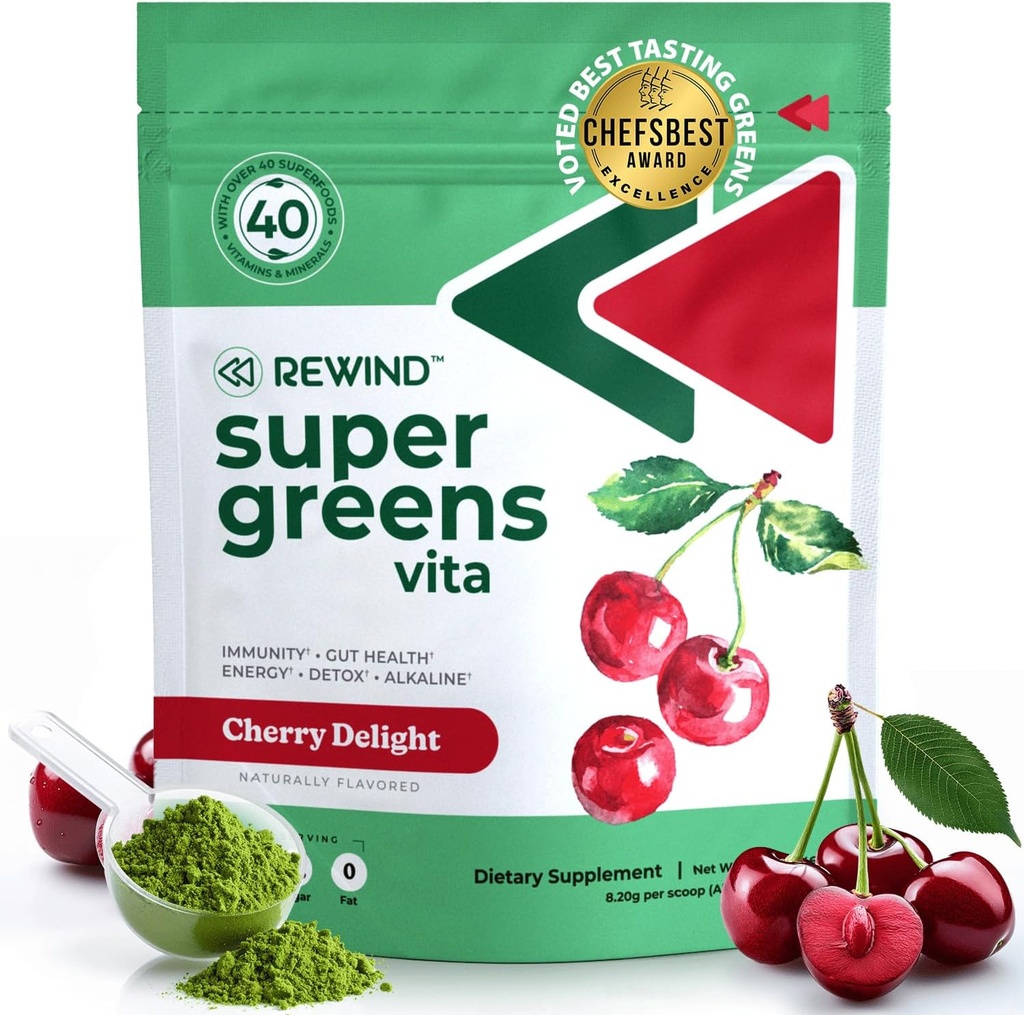 Καλύτερη γεύση Super Greens σκόνη με 40+ Superfoods – Delicious Daily Green σκόνη με βιταμίνη B12, ψευδάργυρο, βιταμίνη C, μαγνήσιο & ασβέστιο – Πράσινο χυμό Superfood Mix - Cherry Γεύση