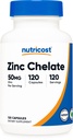 Χηλικός ψευδάργυρος Nutricost 50mg, 120 κάψουλες χορτοφάγων - Χωρίς γλουτένη και μη ΓΤΟ