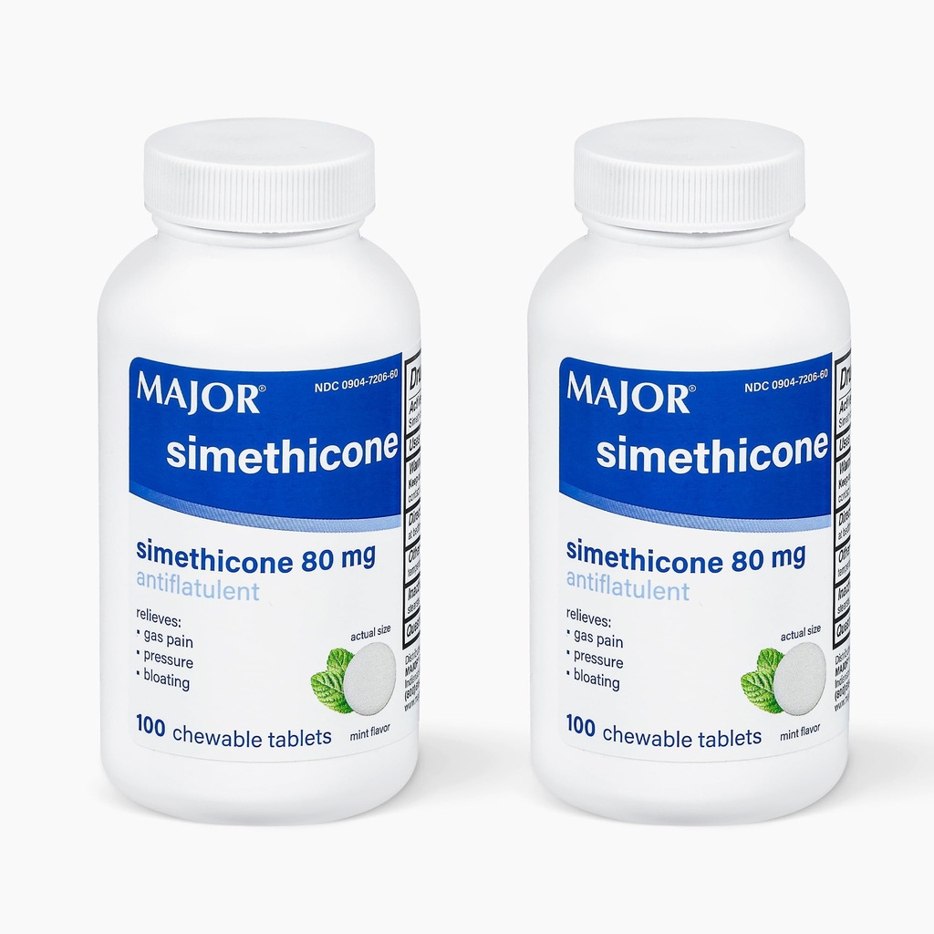 MAJOR Simethicone Gas Relief 80 mg - Anti Flatulence, Bloating and Gas Pressure Aid - 100 Chewable Tablets (2 Pack)