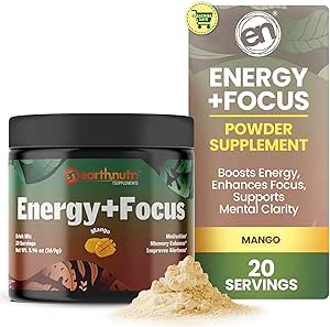 EarthNutri Energy + Focus Powder Supplement - Energy Boost & Βοηθά στη συγκέντρωση με PeakO2, AlphaSize, Cognizin, PurCaf, Theacrine, Acetyl L-Καρνιτίνη L-Τυροσίνη – Mango Flavor - 20 Μερίδες (171g)