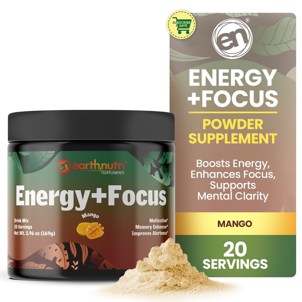 EarthNutri Energy + Focus Powder Supplement - Energy Boost & Βοηθά στη συγκέντρωση με PeakO2, AlphaSize, Cognizin, PurCaf, Theacrine, Acetyl L-Καρνιτίνη L-Τυροσίνη – Mango Flavor - 20 Μερίδες (171g)
