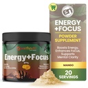 EarthNutri Energy + Focus Powder Supplement - Energy Boost & Βοηθά στη συγκέντρωση με PeakO2, AlphaSize, Cognizin, PurCaf, Theacrine, Acetyl L-Καρνιτίνη L-Τυροσίνη – Mango Flavor - 20 Μερίδες (171g)