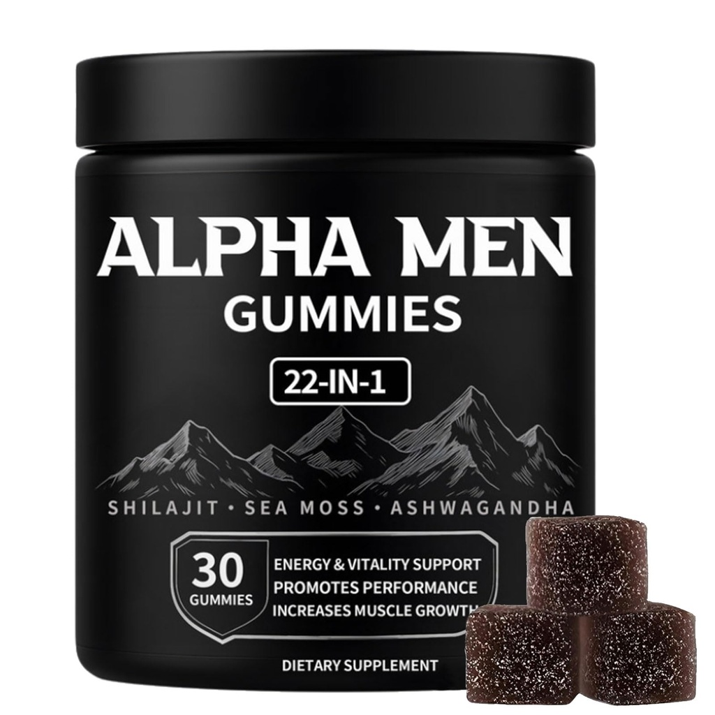 Alpha Gummies for Men, with Shilajit, Sea Moss, Ashwagandha, Manuka Honey + 22 in 1 Ingredients, All Natural Support Overall Health & Wellness, Advanced Formula, 30 Gummies (1)