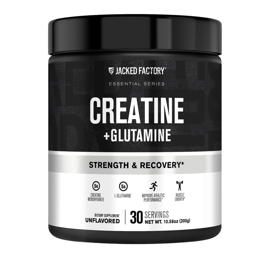 Jacked Factory Creatine + Glutamine - συμπλήρωμα κρεατίνης με L-Γλουταμίνη για την αποκατάσταση των μυών, την ανάπτυξη των μυών, την αυξημένη δύναμη, την αυξημένη παραγωγή ενέργειας, και την υγεία των ούρων - 30 εξυπηρετούν, χωρίς γεύση