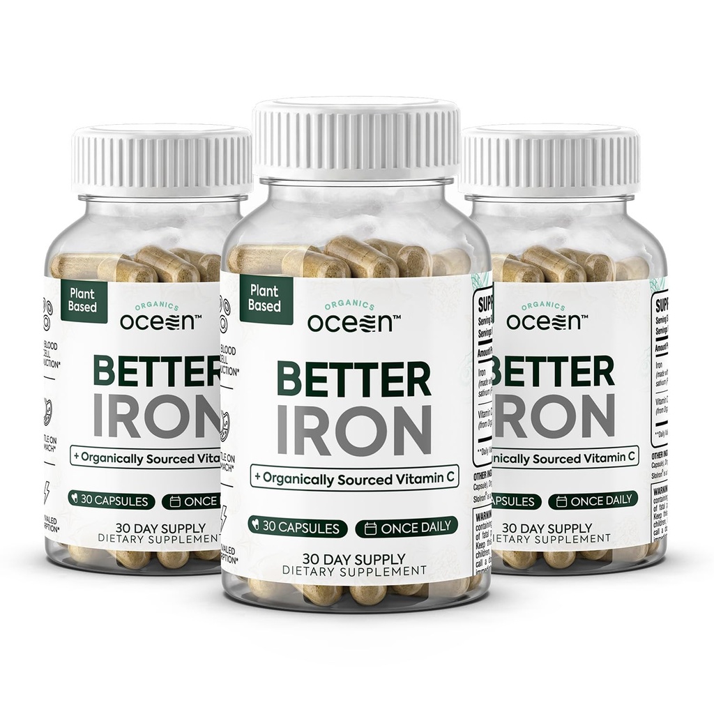 Organics Ocean Better Iron Supplement with Vitamin C - Plant-Based Fermented Pea Formula - Supports Iron Absorption, Energy & Vitality - Gentle on the Stomach, Vegan, Non-GMO - 3 Pack