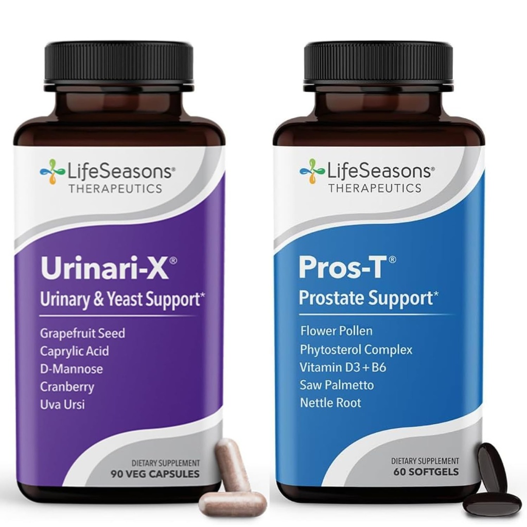 LifeSeasons Urinari-X + Pros-T Bundle – Urinary Tract & Prostate Support – Fast UTI Relief, Bladder Comfort, Supports Normal Urinary Flow – D-Mannose, Cranberry – 90 Capsules + 60 Softgels
