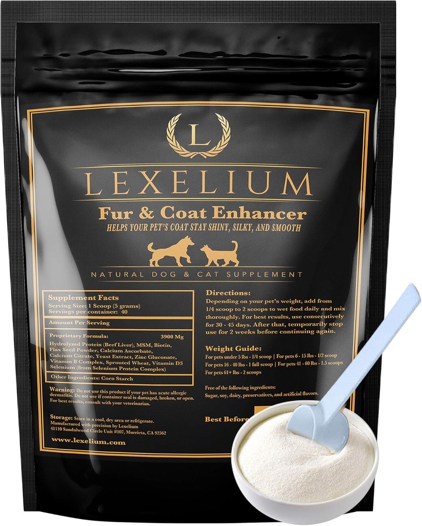 Dermatitis Skin and Coat Supplement for Dogs and Cats - Promotes Healthy Skin and Fur for Dogs and Cats - Helps w/Itch, Dry Skin + Other Symptom - Natural Vet-Approved Powder Formula - 200G